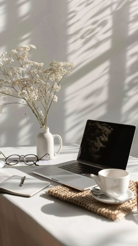 Bureau lumineux avec ordinateur portable et tasse de café, ambiance calme pour travailler sur un projet web