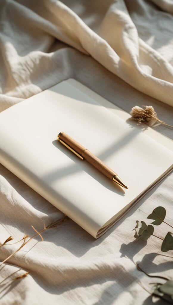 Carnet ouvert avec stylo minimaliste posé sur tissu clair
